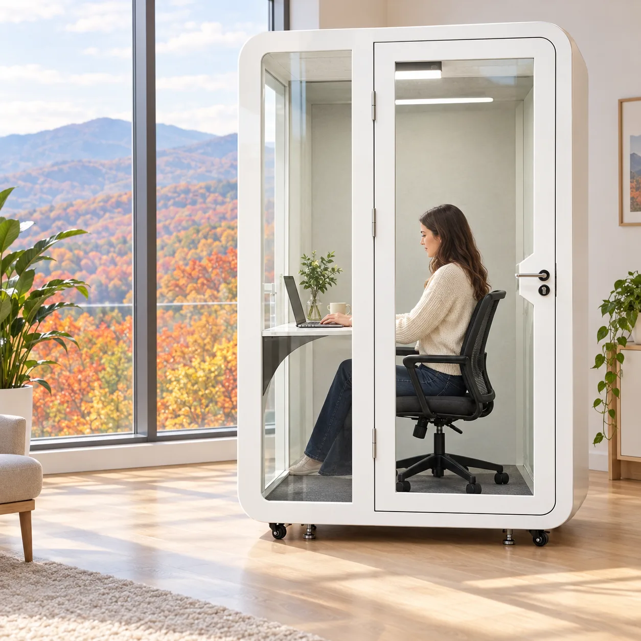 A white Slope Pod in a bright office with autumn mountain views, a woman working at the desk inside