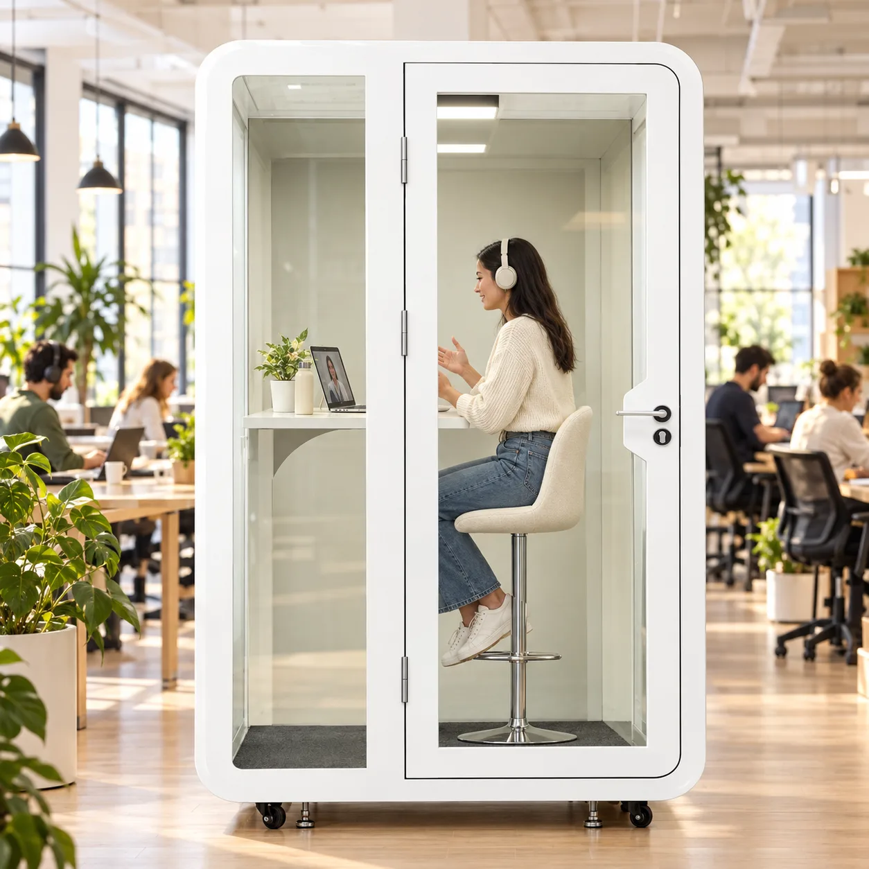 A woman with headphones on a video call inside a white Slope Pod in a busy coworking office