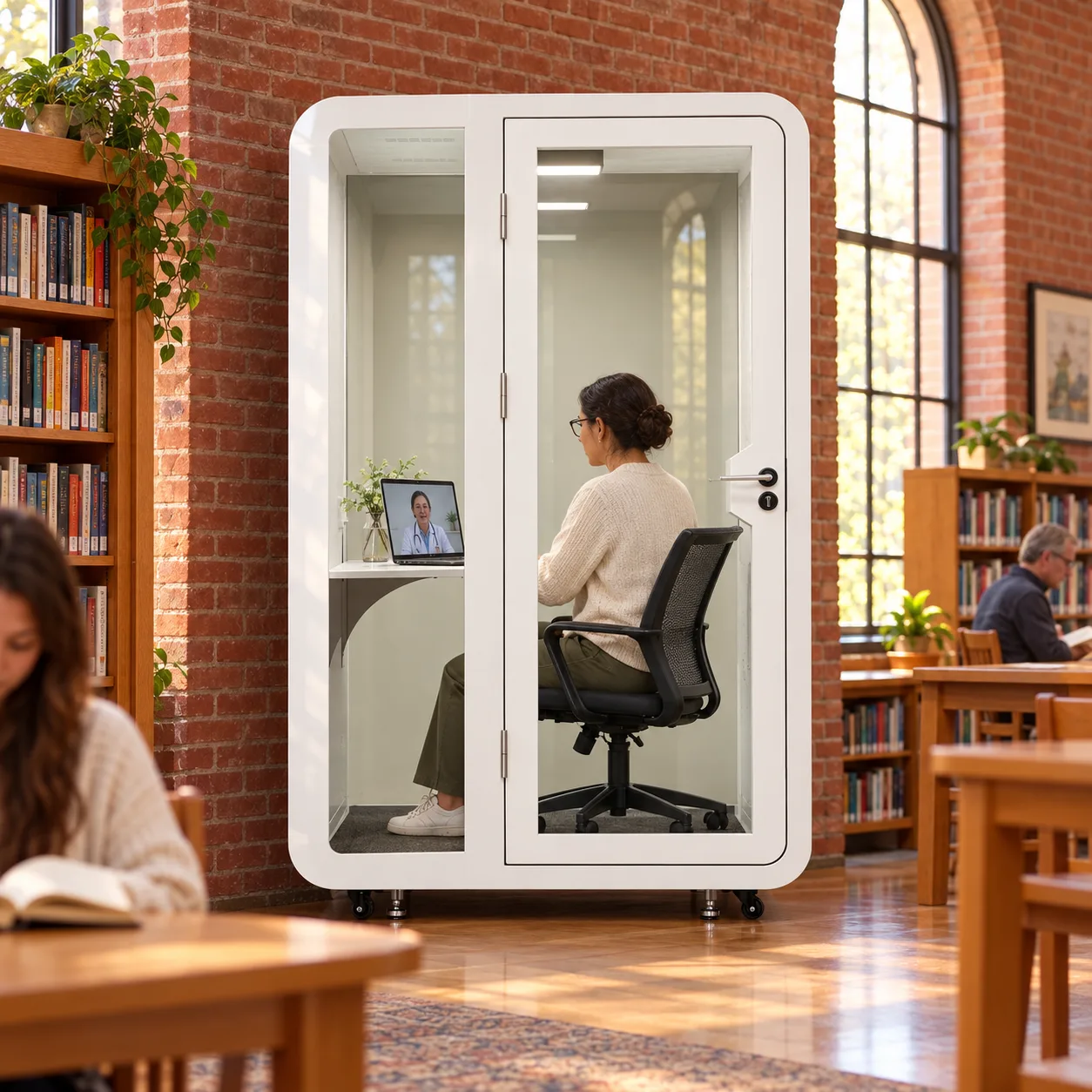 A white Slope Pod against a brick wall in a small town library