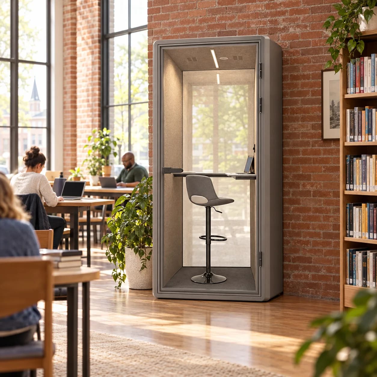 A Slope Pod set against a brick wall in a community library