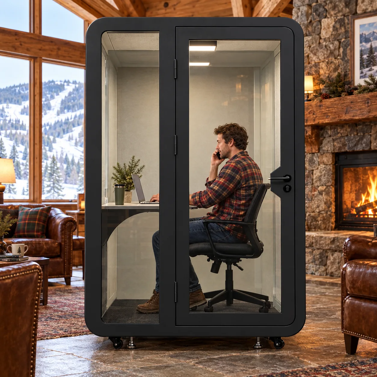 A matte black Slope Pod beside a stone fireplace in a mountain lodge lobby